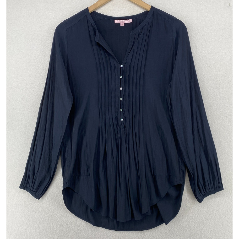 CALYPSO ST BARTH Top XS Satin Tunic Blouse Pintuck Popover Long Sleeve Blue - Picture 2 of 12